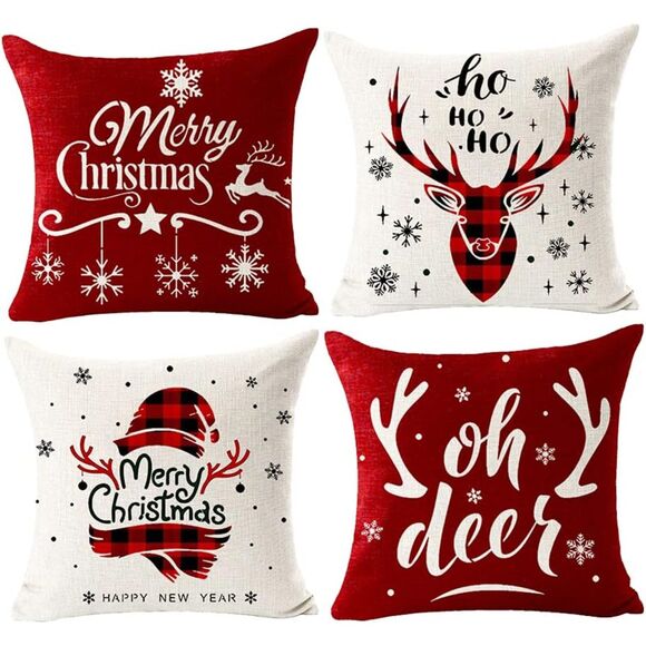 Red Oh Deer Merry Christmas Pillow Cover Set of 4 18x18 (3796) - Picture 1 of 6
